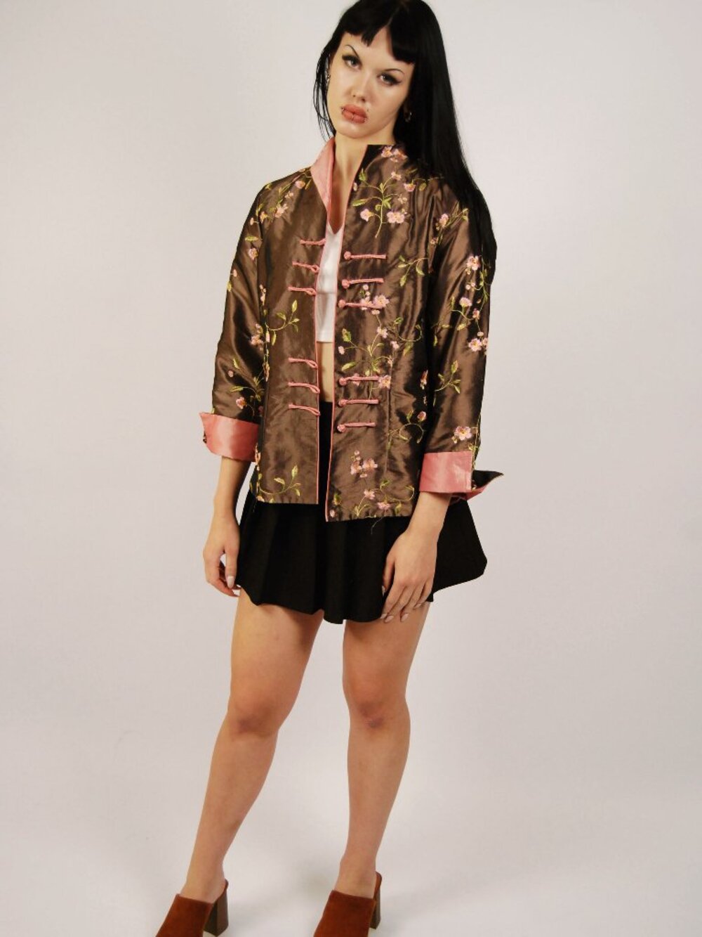 Y2K Tang Suit Jacket (M) medium brown pink womens east asian Chinese silk floral